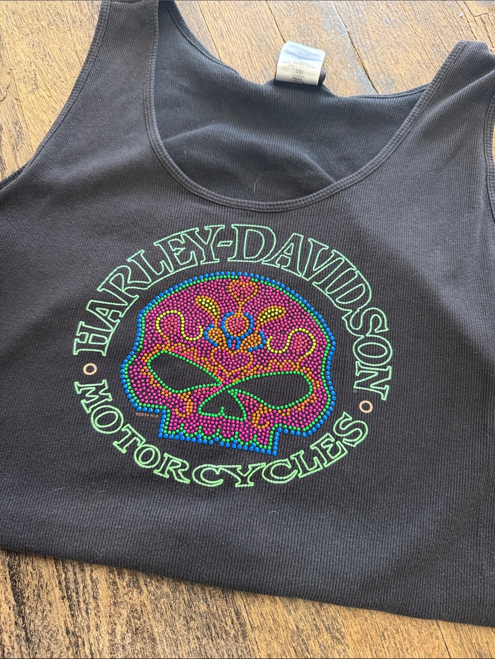 Harley-Davidson Black Tank with Neon Green and Pink Skull Graphic